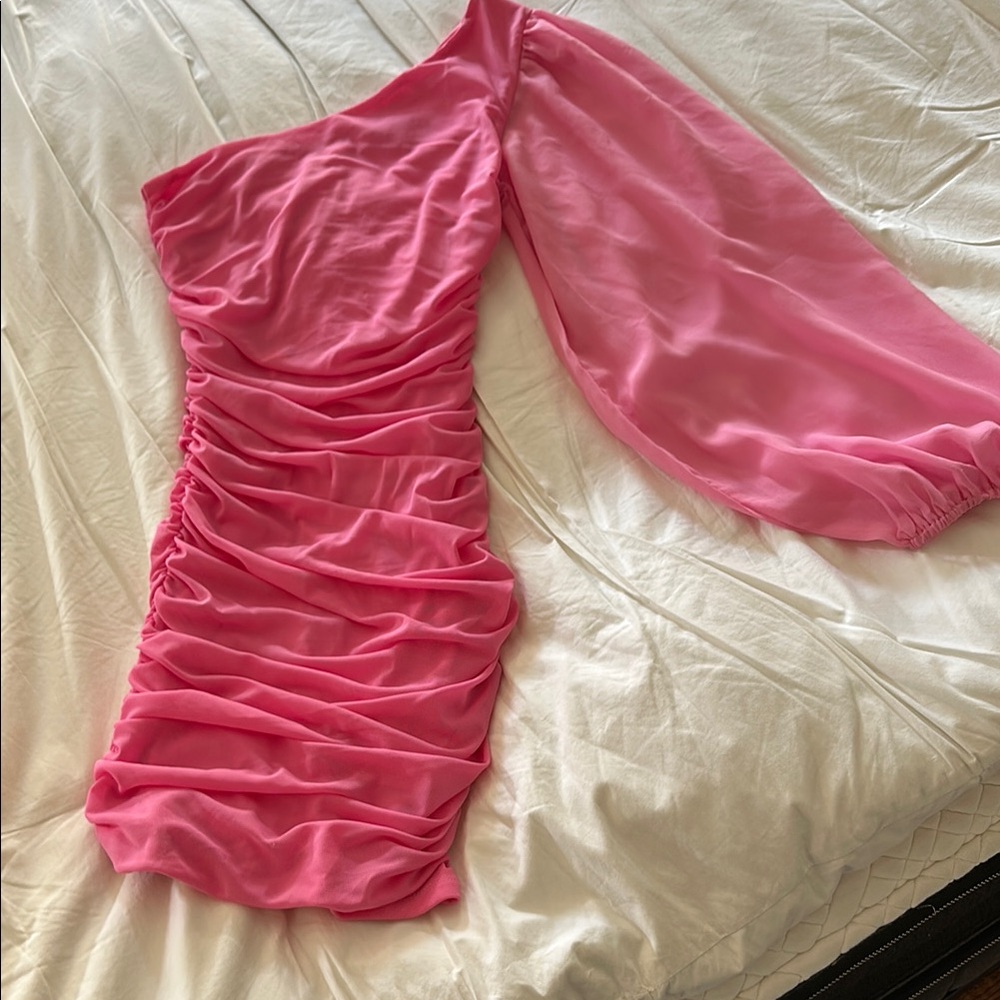 Hello Molly Pink Ruched Bodycon Dress with Long Bishop Sleeve